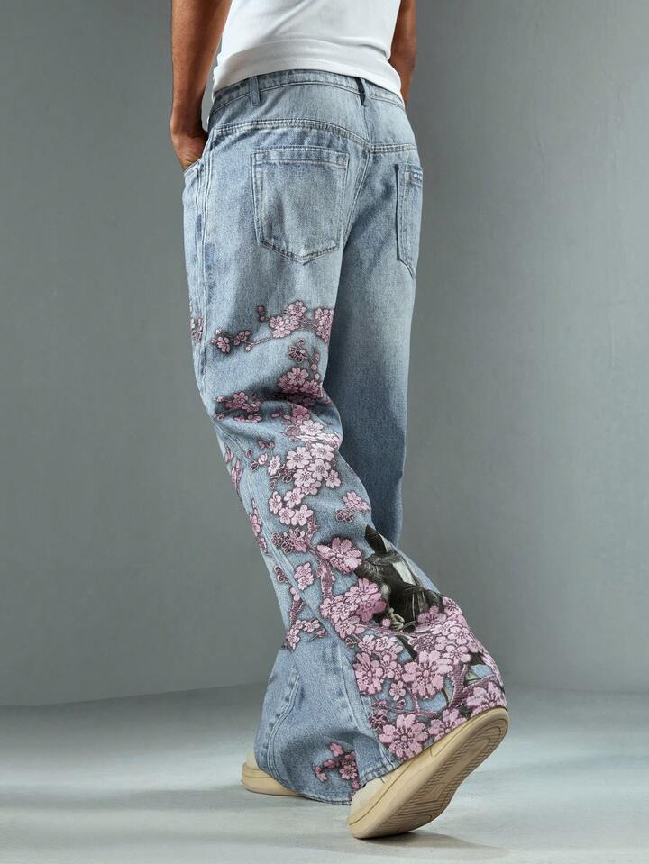 Anime Men's Loose Fit Floral Print Wide Leg Jeans, Streetwear Style