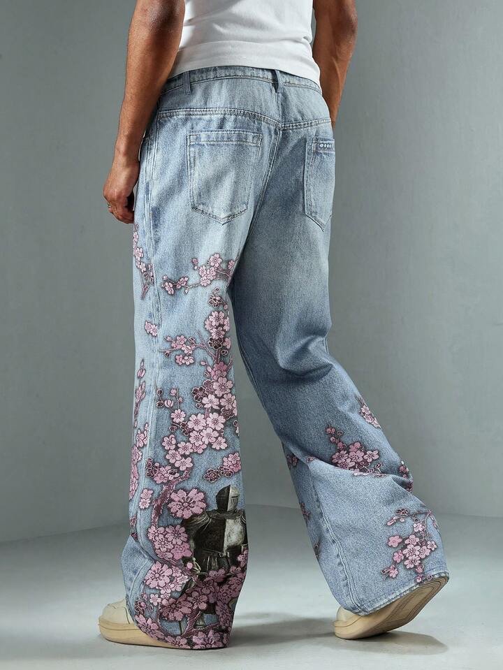 Anime Men's Loose Fit Floral Print Wide Leg Jeans, Streetwear Style