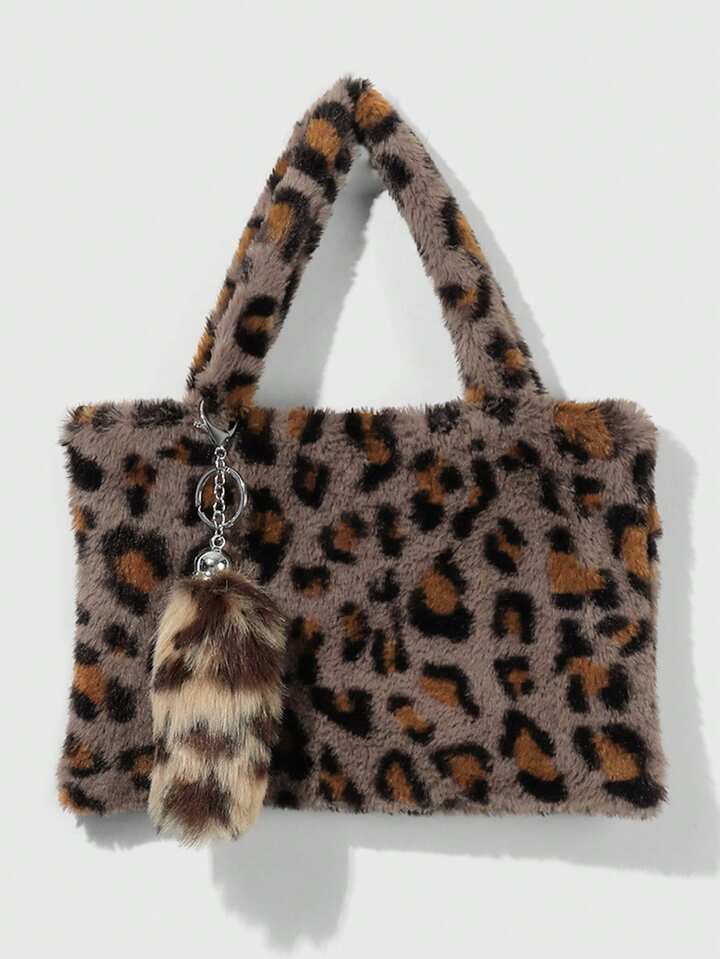 Goth 2pcs/Set Y2K Fashion Personalized Sweet & Cool Retro High-Quality Plush Faux Fur Leopard Tiger Animal Print Magnetic Snap Handbag Tote Bag Shoulder Bag + Plush Fluffy Faux Animal Tail Keychain Accessory Set, Suitable For Women Daily Outfit, Holiday Gift