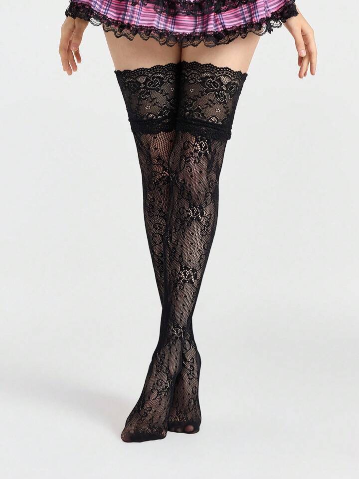 Grunge Punk 1 Pair Vintage Floral Lace Trim Over-The-Knee Socks, Sheer Elastic Black Thigh High Stockings