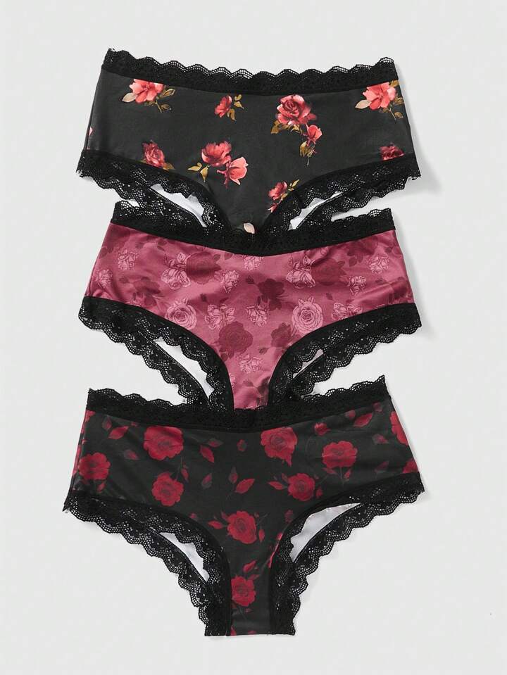 Sweetness 3pcs Floral Lace Trimmed Triangle Panties
