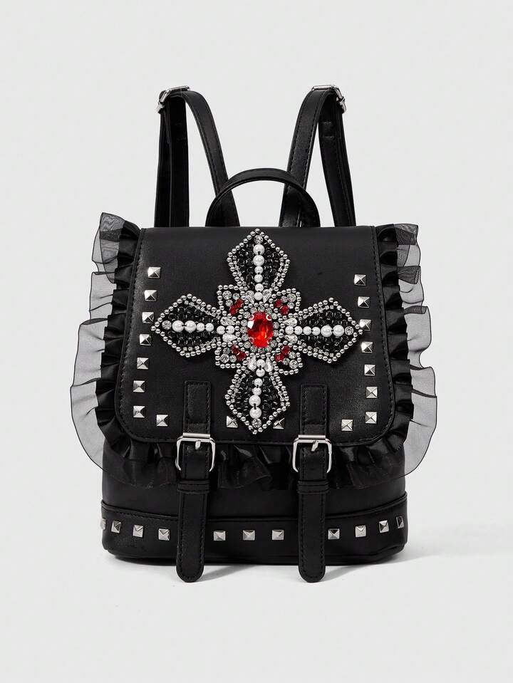 Goth Ladies' Punk Stylish Backpack With Cross Rivets For School And Valentine's Day