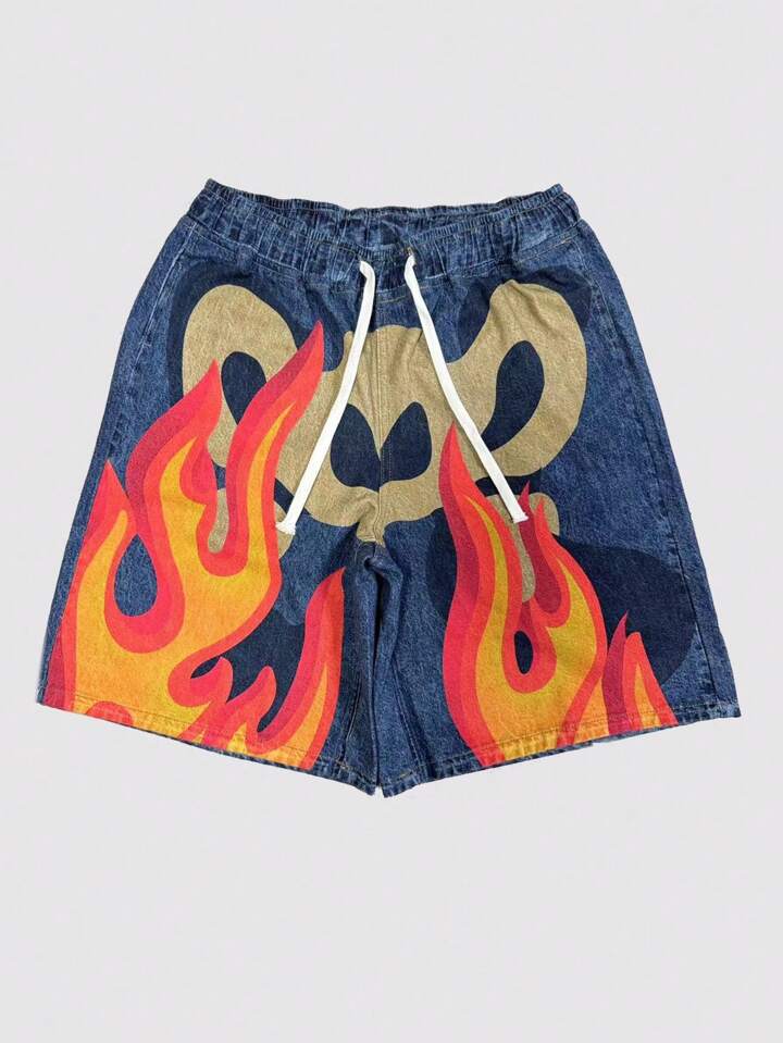 Street Life Men's Summer Casual Flame Print Drawstring Waist Denim Shorts