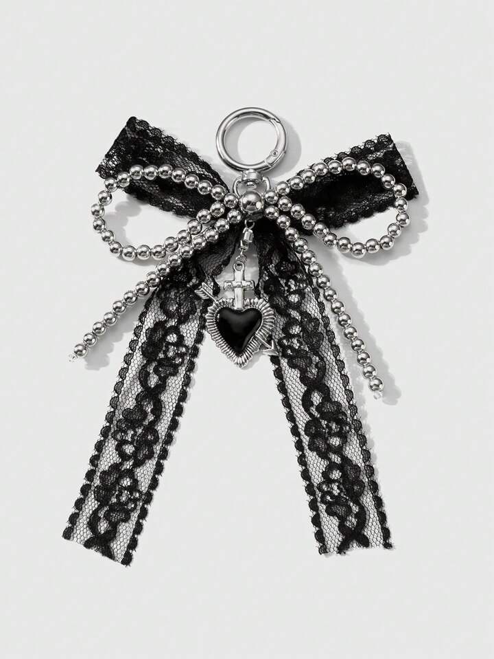 Kawaii 1pc Y2k Cute Goth Style Handmade Beaded Silver CCB Black Lace Bow Drip Oil Heart & Arrow Charm Keychain, Suitable For Women, Daily Wear Or Gift, Halloween