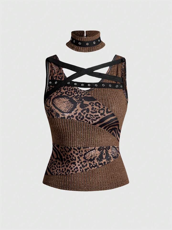 Grunge Punk Criss-Cross Ribbed Texture Snake Skin Print Patchwork Fitted Tank Top