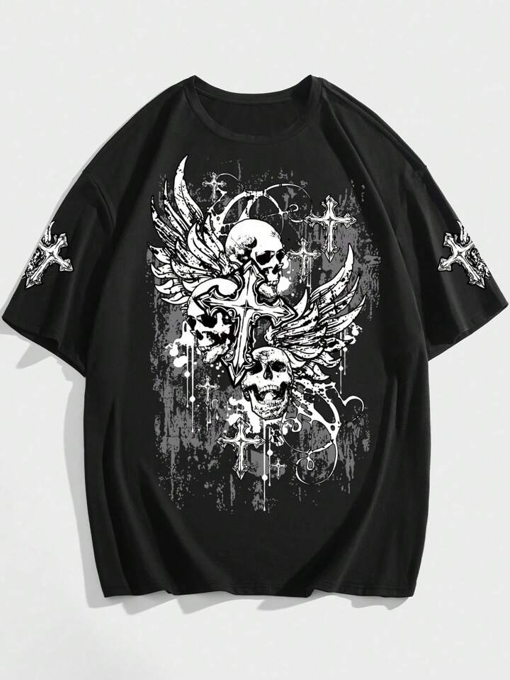 Goth Men Skull & Cross Print Tee, School, 2000s Style