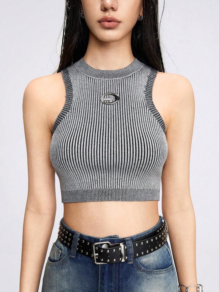 Grunge Punk Women's Spring Summer Sleeveless Knit Top With Rhinestone And Letter Detailing