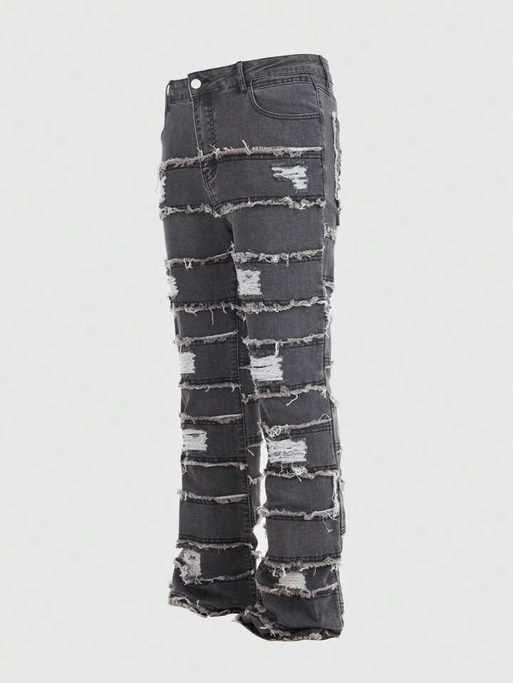 Grunge Punk Men's Casual Distressed Washed Frayed Hem Denim Jeans