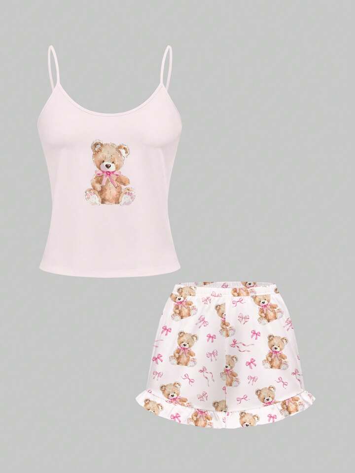 Kawaii Cute Teddy Bear & Bow Print Camisole & Shorts Pajama Set, Casual Loungewear