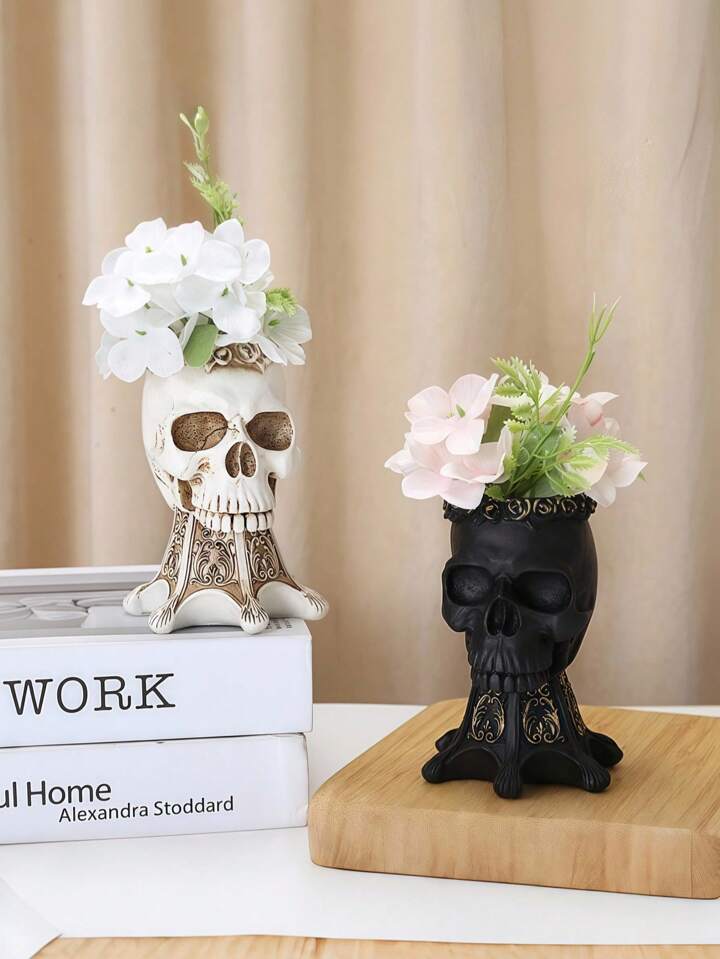 1pc Bone Skeleton Decor Statue - Resin Flower Vase For Plants Pen Holder Gothic Desktop Decor Unique Craft Gift For Men/Women Succulent Planter, Floral Arrangement, Shelf Display, Dark Academia, Aesthetic Room Decor(Black &White), Halloween