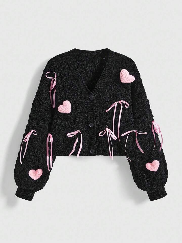 Kawaii Cute Heart & Bow Contrast Color Knitted Cardigan
