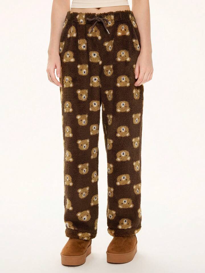 Kawaii Cute Bear Pattern Drawstring Elastic Waist Fleece Casual Pants