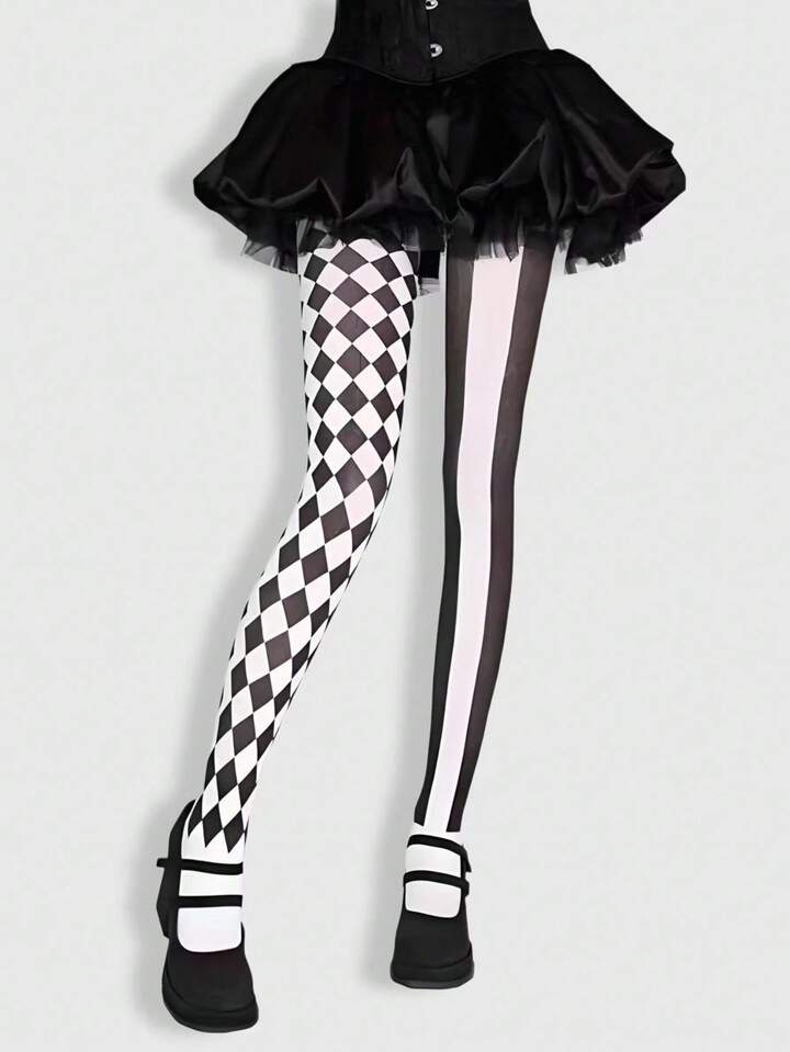 Goth 1pc High Elasticity Black & White Plaid Asymmetric Sexy Women Panties/Leggings/Tights, Suitable For Women 80-130 Lbs