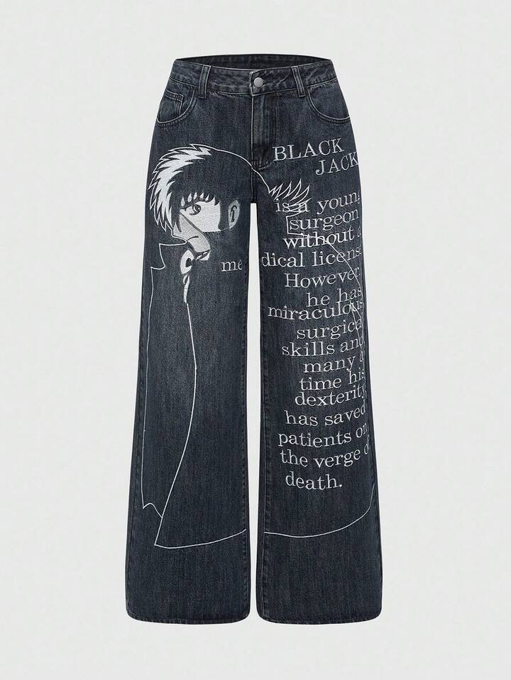 Black Jack X ROMWE Women's Casual Washed Portrait & Slogan Embroidered Wide Leg Jeans