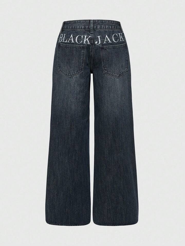 Black Jack X ROMWE Women's Casual Washed Portrait & Slogan Embroidered Wide Leg Jeans