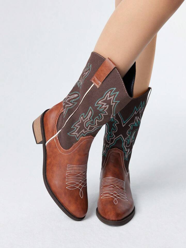 Fairycore 2025 New Thick Heel Mid-Calf Pointed Toe Embroidered Shaft Riding Boots, European And American Style Boots For Women