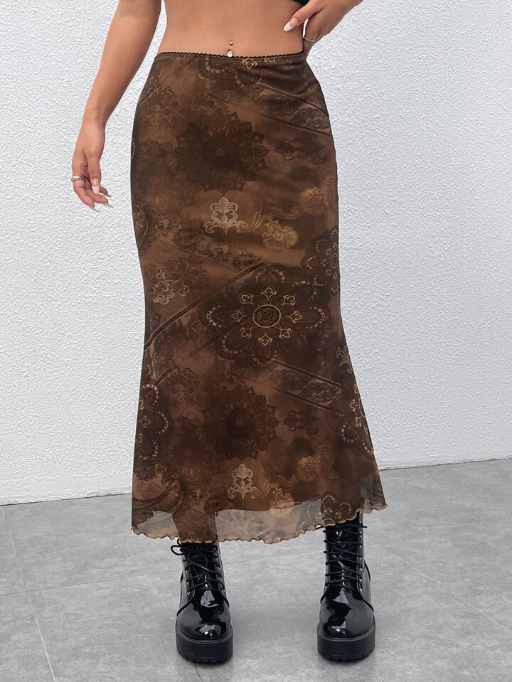 Floral Print Lettuce Trim Mesh Skirt