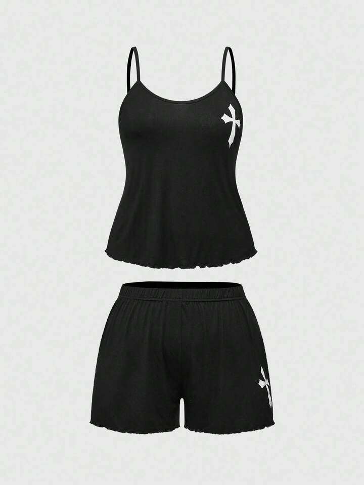 Plus Size Gothic Cross Strap Shorts Casual Pajama Set