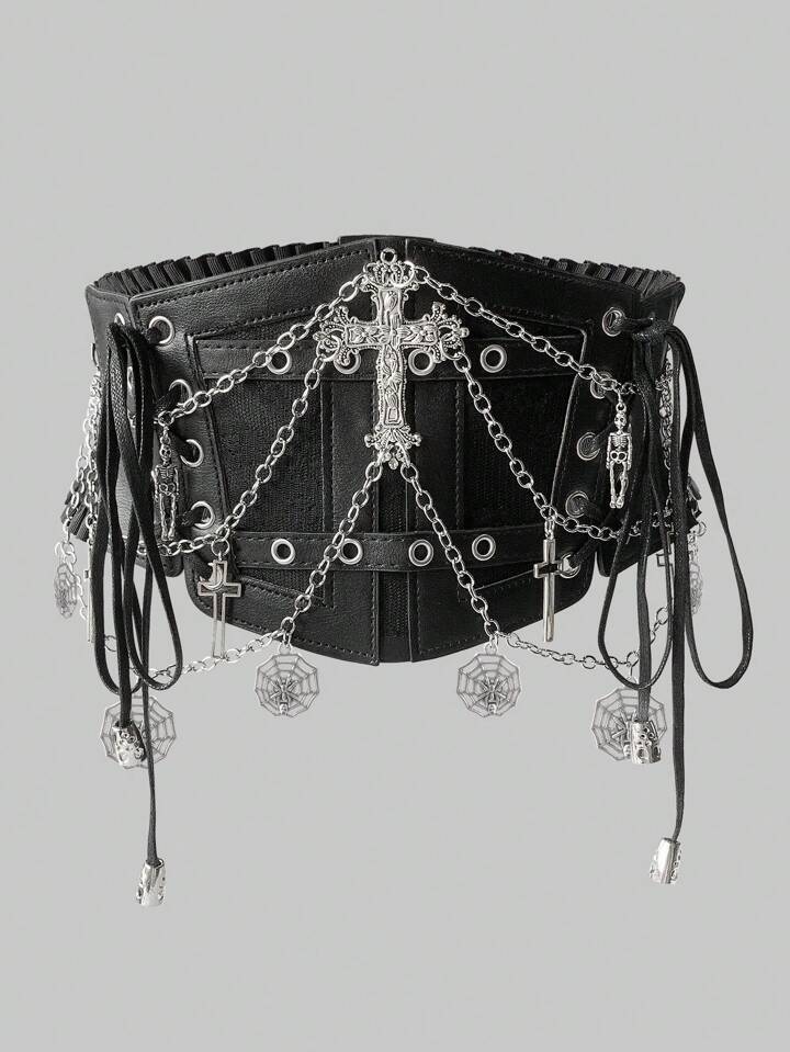 1pc Women Gothic Black Lace Cross Chain Skeleton Decor Elastic Waist Belt Dress Accessory, Halloween Costume
