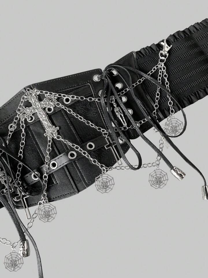1pc Women Gothic Black Lace Cross Chain Skeleton Decor Elastic Waist Belt Dress Accessory, Halloween Costume