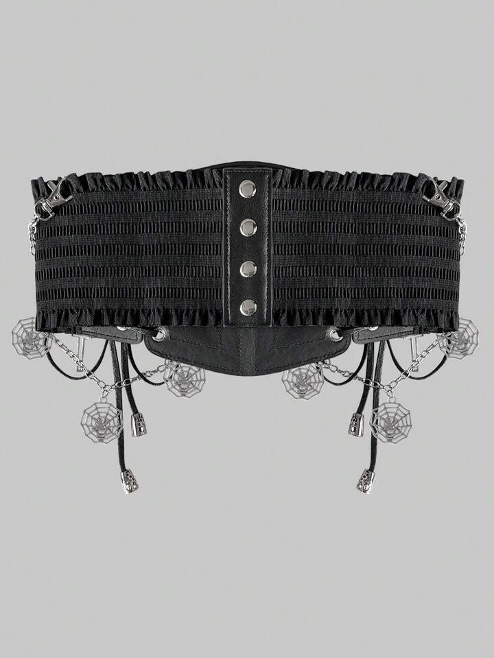 1pc Women Gothic Black Lace Cross Chain Skeleton Decor Elastic Waist Belt Dress Accessory, Halloween Costume