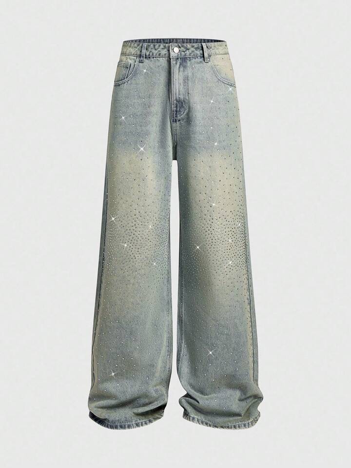 Street Life Men's Vintage Blue Casual Glittering Rhinestone Loose Fit Jeans