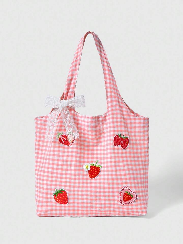 Kawaii 1pc Strawberry Embroidered Vintage Red & White Plaid Backpack, Large Capacity Shoulder Bag, Lightweight Tote Bag, Versatile For Back To School And Vacation