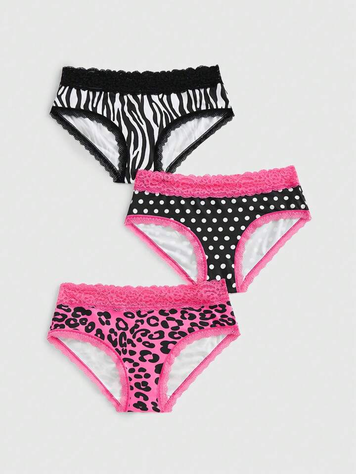 J-Fashion 3pcs Y2K Gyaru Harajuku Leopard Zebra Print & Polka Dot Lace Patchwork Briefs Panties Set