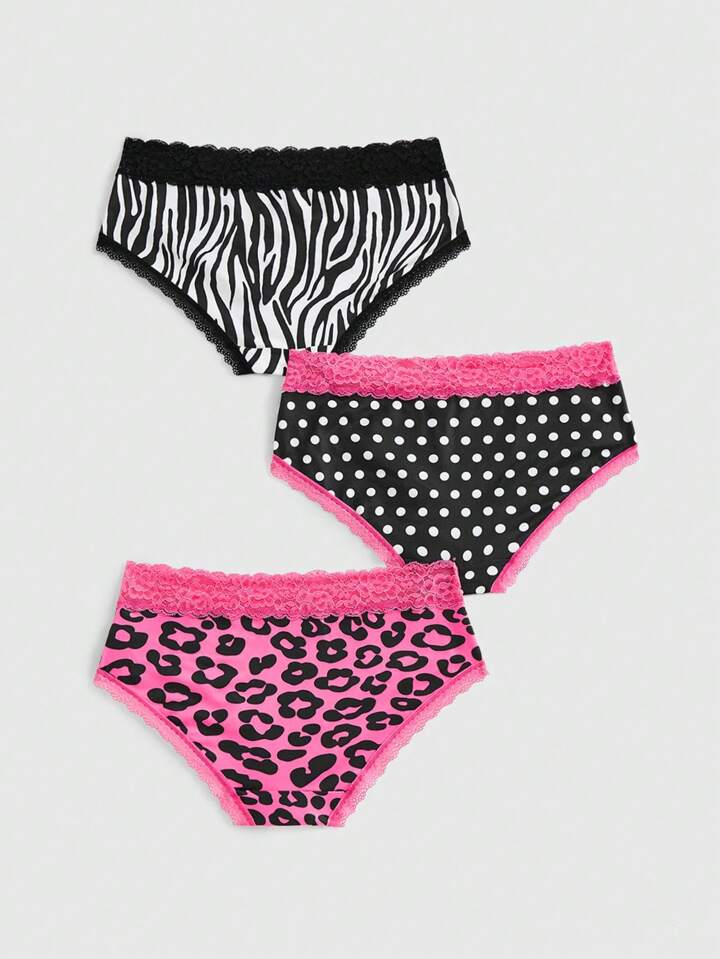 J-Fashion 3pcs Y2K Gyaru Harajuku Leopard Zebra Print & Polka Dot Lace Patchwork Briefs Panties Set