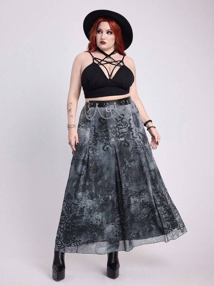EDITION Back To School  Plus Size Women Gothic Style Mesh Printed Midi A-Line Skirt