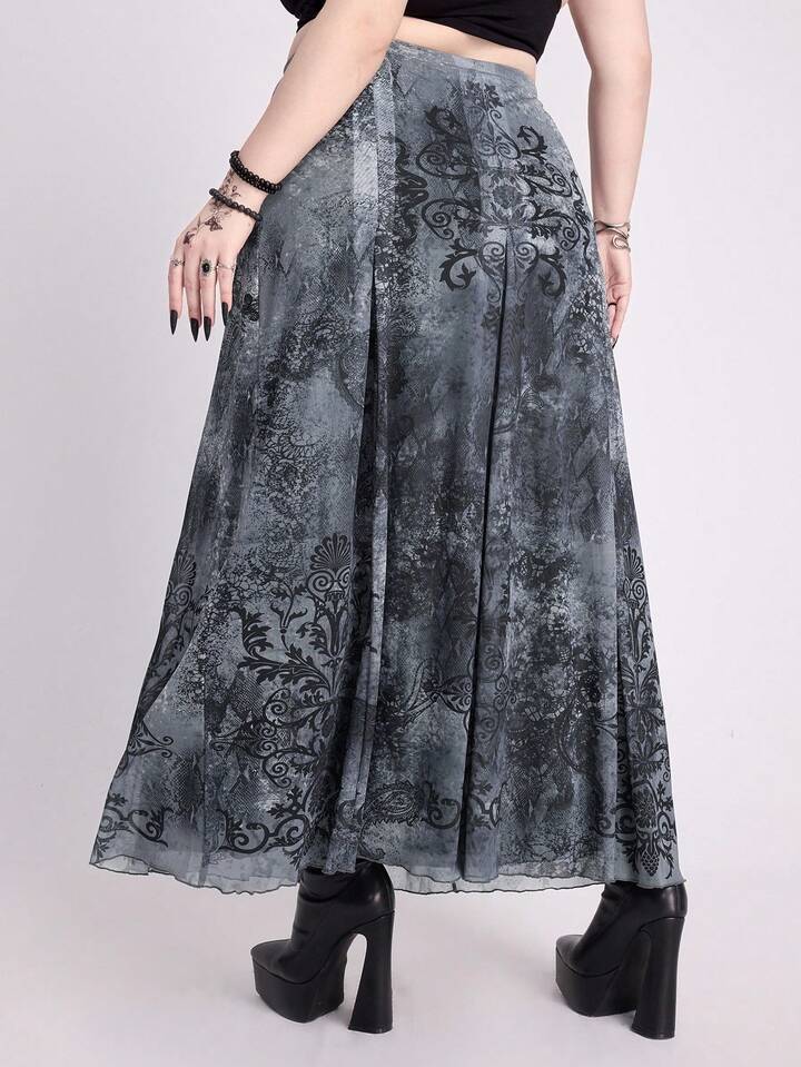 EDITION Back To School  Plus Size Women Gothic Style Mesh Printed Midi A-Line Skirt