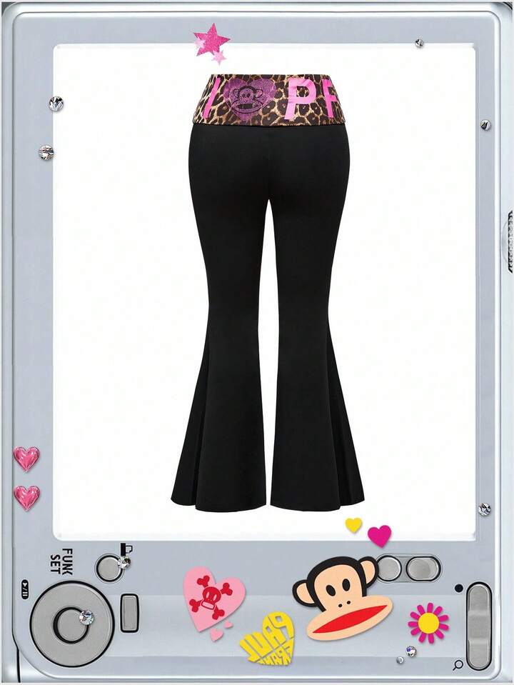 Paul Frank X ROMWE Plus Size Y2K Sexy Leopard Print & Rhinestone Letter Design Flare Pants