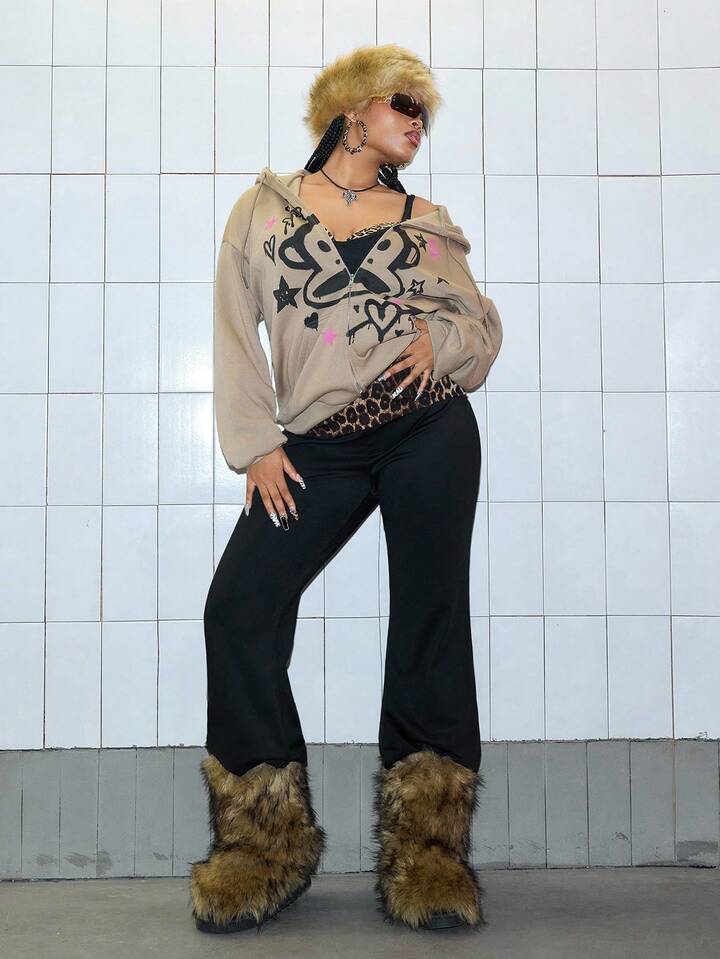 Paul Frank X ROMWE Plus Size Y2K Sexy Leopard Print & Rhinestone Letter Design Flare Pants 8 Paul Frank X ROMWE Plus Size Y2K Sexy Leopard Print & Rhinestone Letter Design Flare Pants