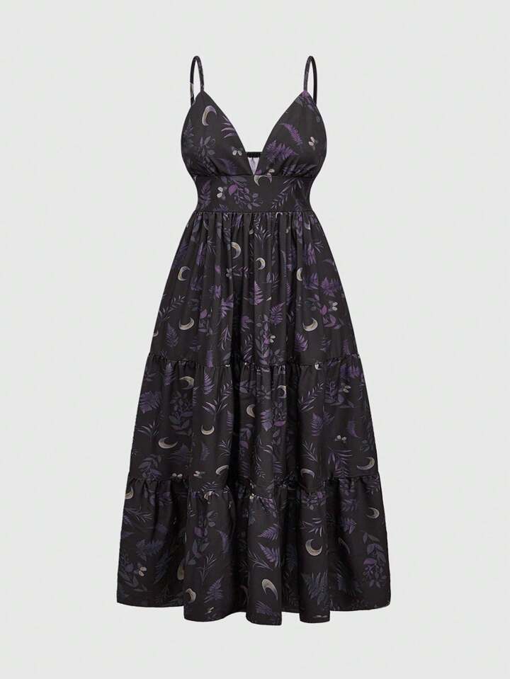 Goth Plus Size Retro Moon & Plant Print Sleeveless Dress