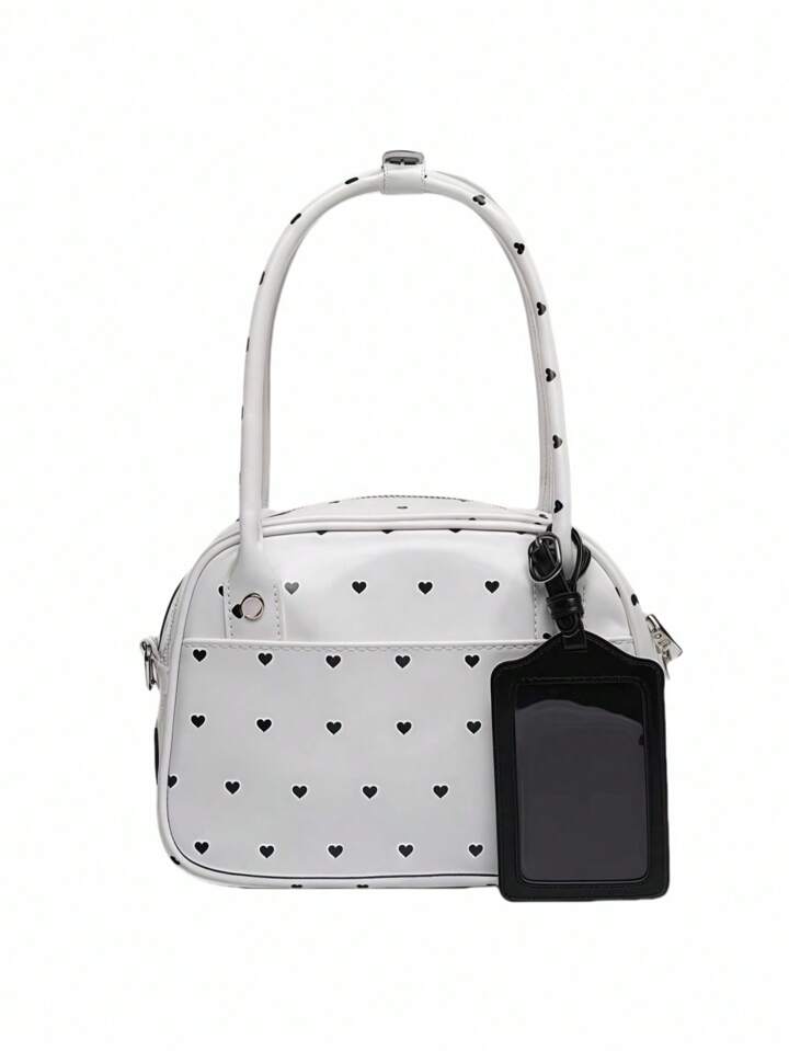 Kawaii Retro Heart & Polka Dot Decorated Bowling Bag, With Card Wallet, Sweet & Fashionable Boston Handbag Suitable For Holiday, Social Occasions, Parties, Shopping, White