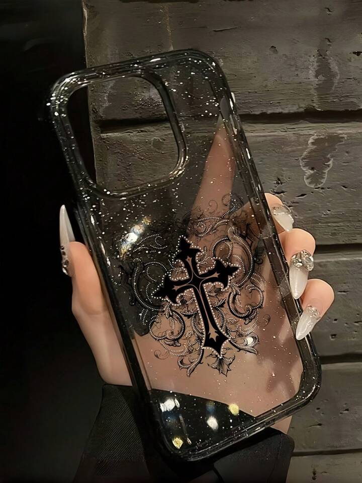 1pc Gothic Style Cross Pattern Transparent Glitter Phone Case, Halloween