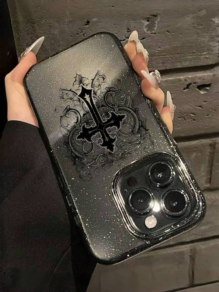 1pc Gothic Style Cross Pattern Transparent Glitter Phone Case, Halloween