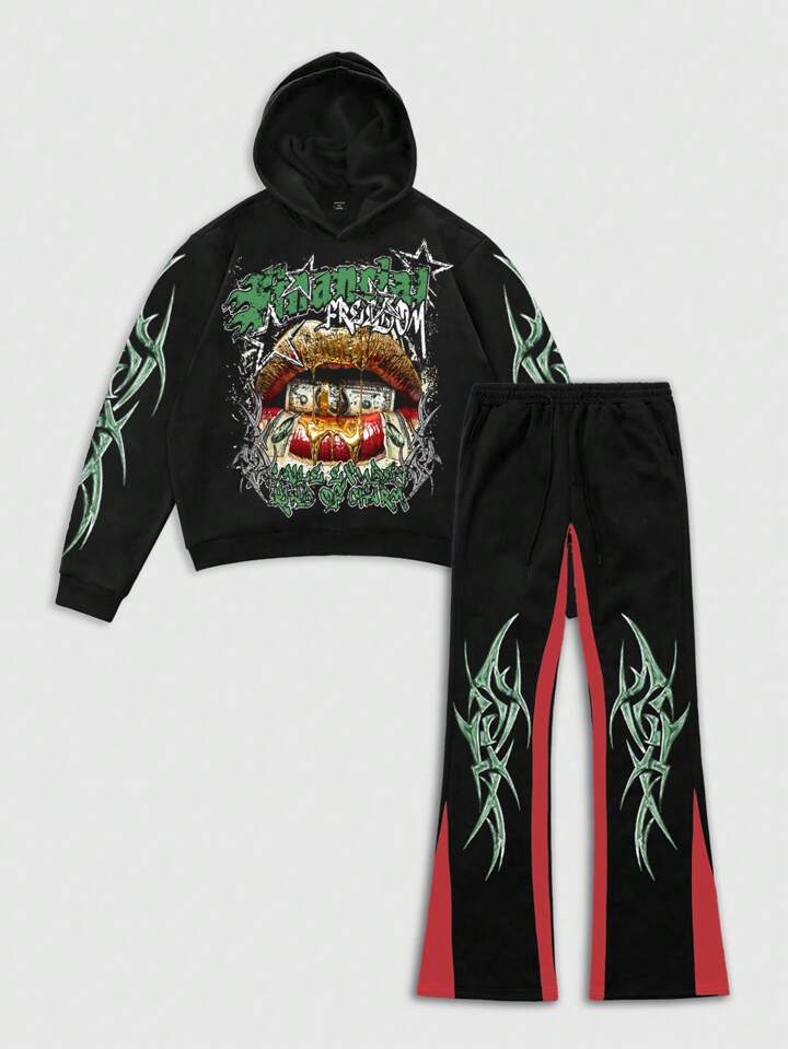 Men's Loose Lip Print Hoodie Sweatshirt And Contrast Color Block Flared Pants Set