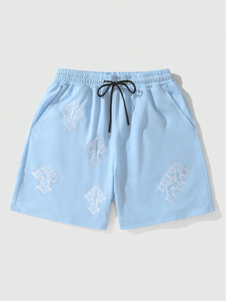 Prep Men's Drawstring Waist Simple Cross Embroidery Shorts, Football Style, School