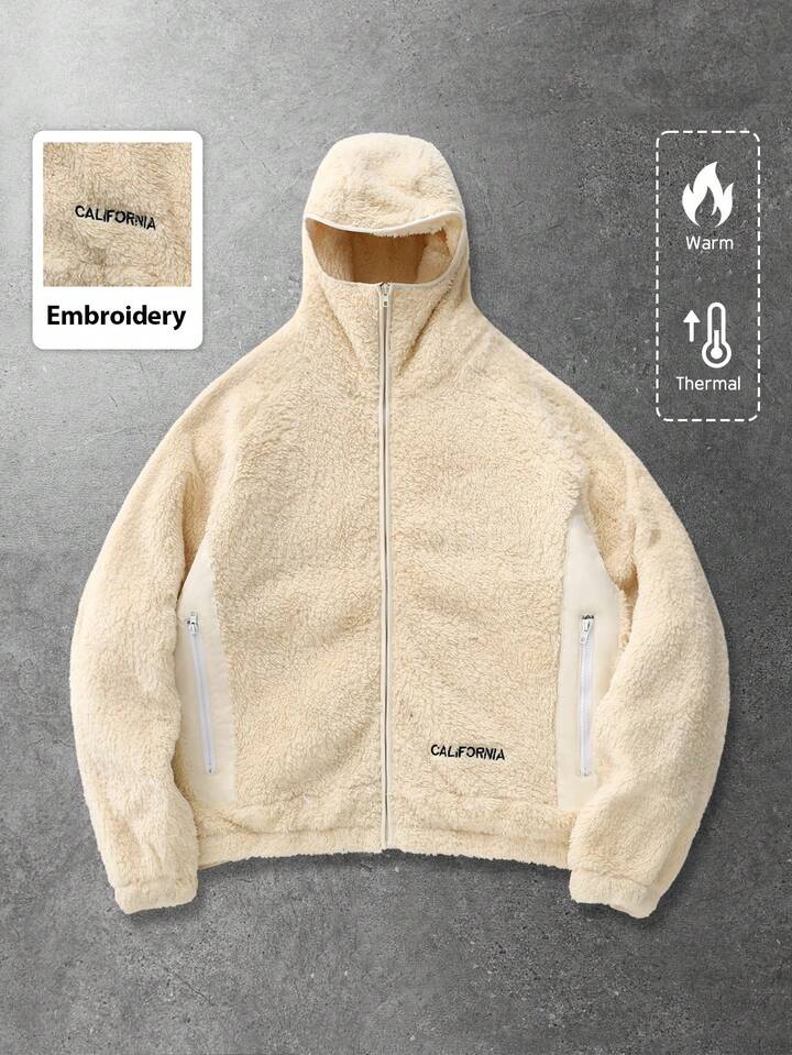 Casual Men's Long Sleeve Jacket, Street Style American Fleece Patchwork Hooded Jacket, Autumn/Winter