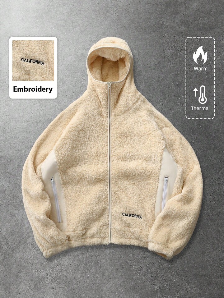 Casual Men's Long Sleeve Jacket, Street Style American Fleece Patchwork Hooded Jacket, Autumn/Winter