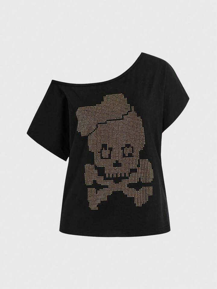 Y2K Music Festival Punk Bow Tie Skull Rhinestone Hollow Back Loose T-Shirt, Solid Color Versatile