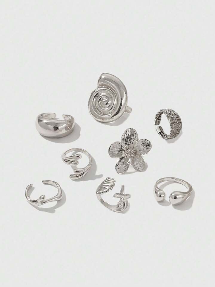 Goth 8pcs Fashion Ocean-Inspired Metal Ring Set, Glossy Starfish Shell Flower Geometric Rings, Gift For Women/Daughter/Wife