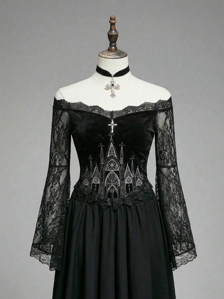 Plus Size Gothic Church Embroidery Off-Shoulder Lace Bell Sleeve Velvet Fitted Blouse For Women