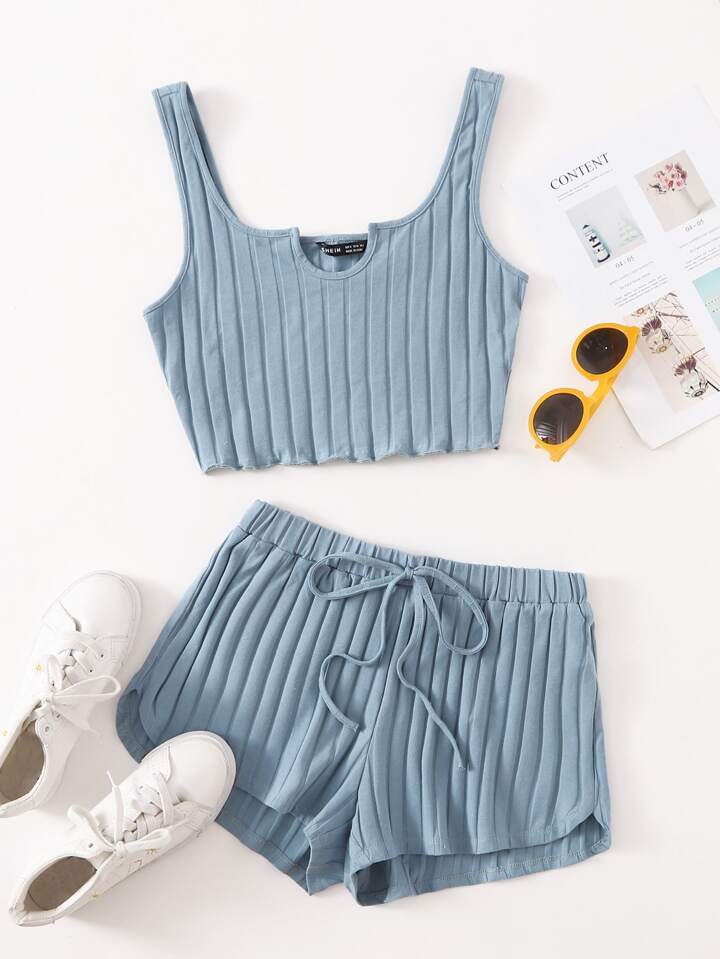 Notch Neck Rib-knit Tank Top & Shorts Set