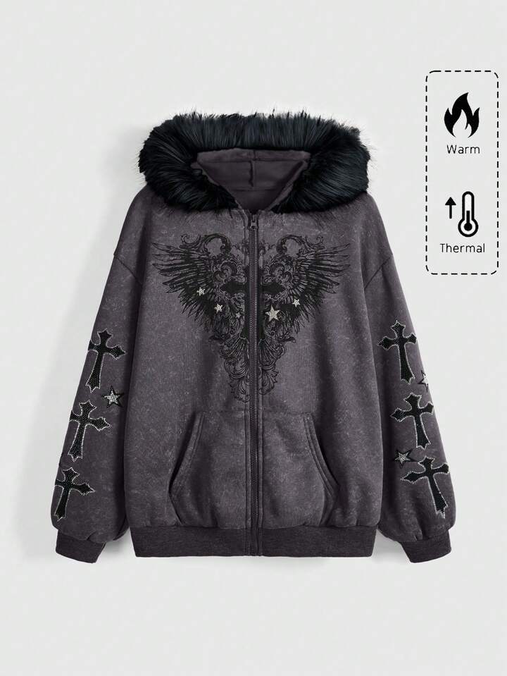 Fairycore Plus Size Women Cross Print Drop Shoulder Long Sleeve Zipper Front Hooded Distressed Sweatshirt