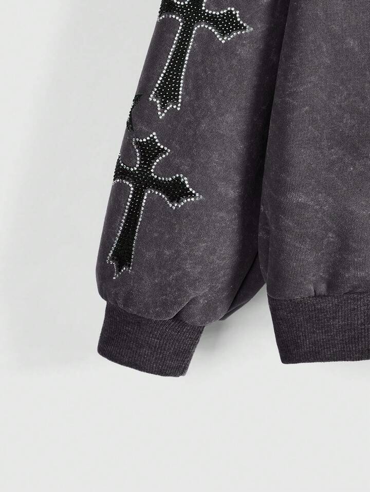 Fairycore Plus Size Women Cross Print Drop Shoulder Long Sleeve Zipper Front Hooded Distressed Sweatshirt 3 Fairycore Plus Size Women Cross Print Drop Shoulder Long Sleeve Zipper Front Hooded Distressed Sweatshirt