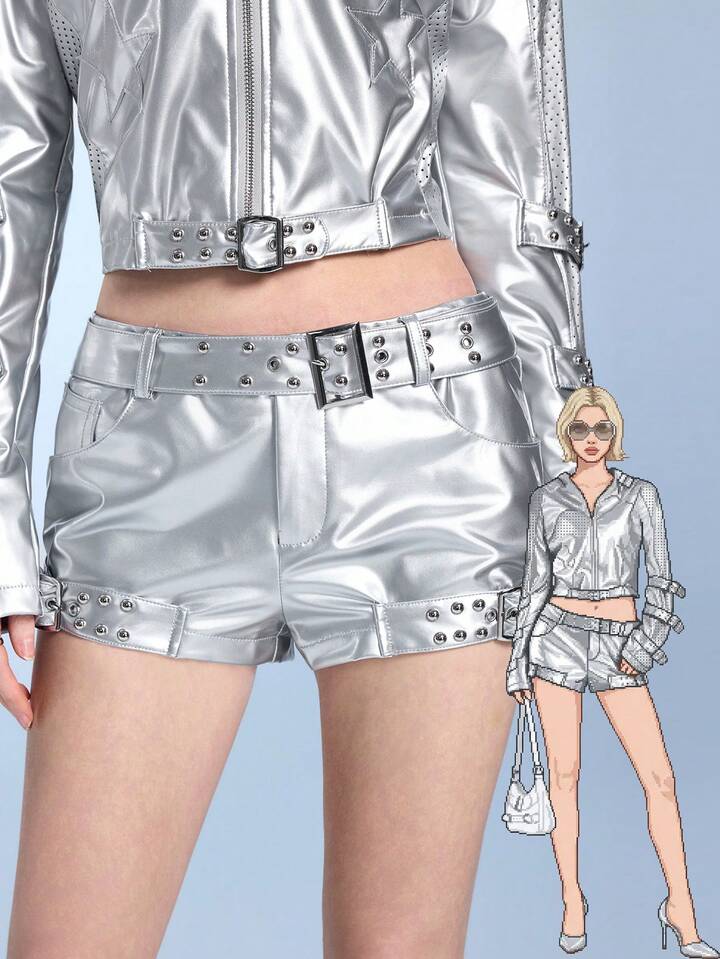 ROMWE Avant Women's Retro Y3K Biker Chic Silver PU Ultra Low Waist Sexy Buckle Waist Belt Micro Shorts