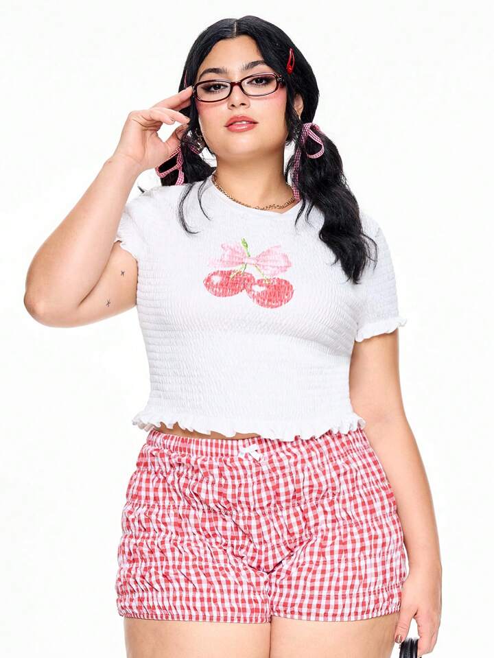 Kawaii Plus Size Summer Casual Cherry Print Short Sleeve T-Shirt