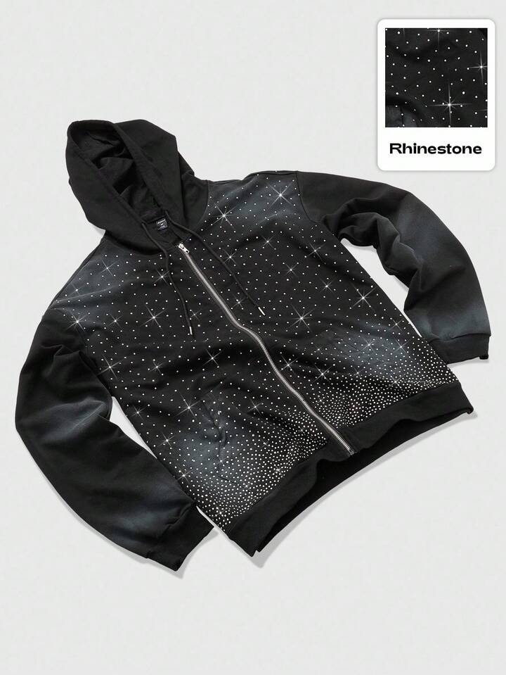 Casual Unisex Rhinestone Embellished Zipper Front Hoodie Sweatshirt , Fall